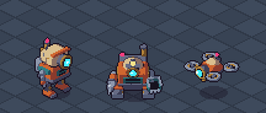 Robot Series Pack 1 lineup of three animated isometric robots