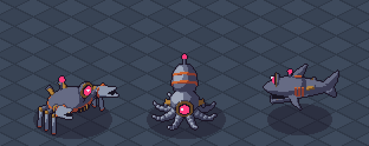 Robot Series Pack 10: Abyss lineup of three animated isometric robots