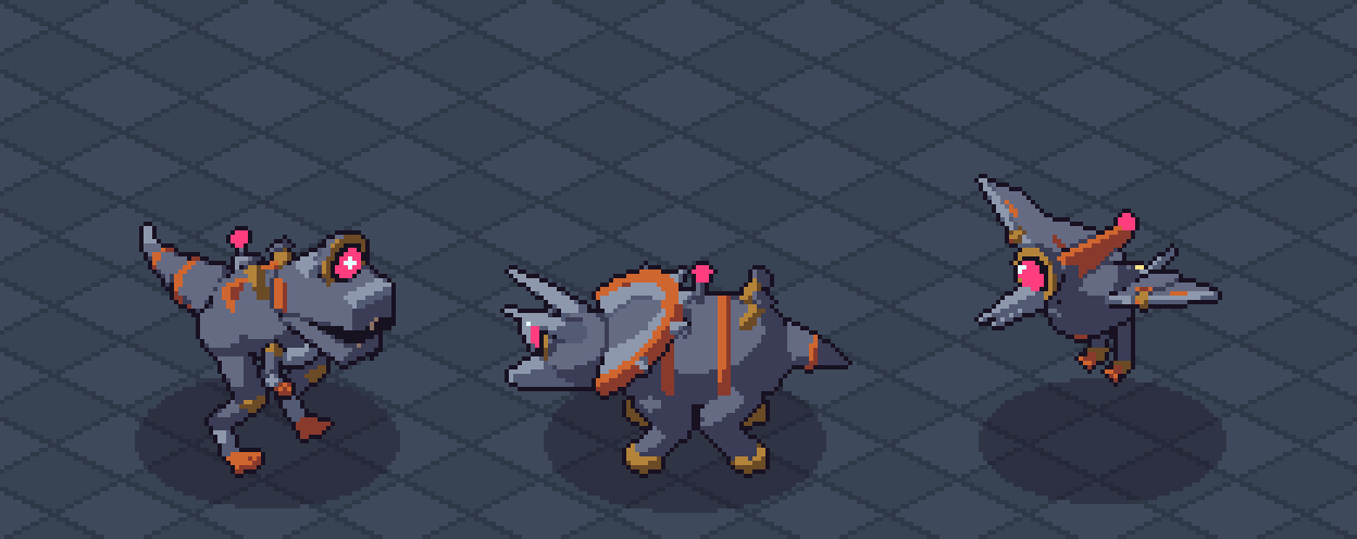 Robot Series Pack 11: Dino-Mechs lineup of three animated isometric robots