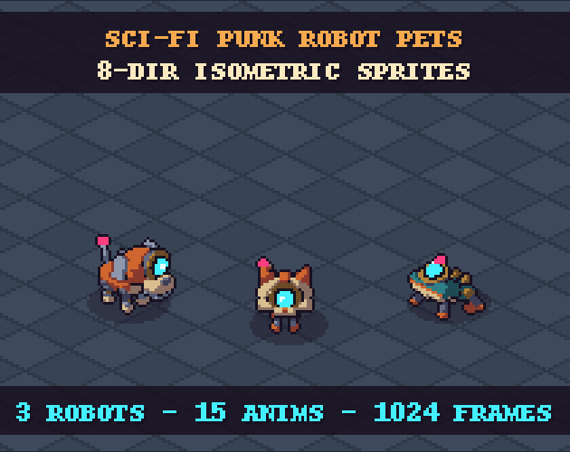 Robot Series Pack 5: Pets cover with three isometric pixel art robots