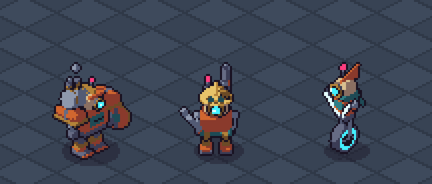 Robot Series Pack 7: Specialists lineup of three animated isometric robots