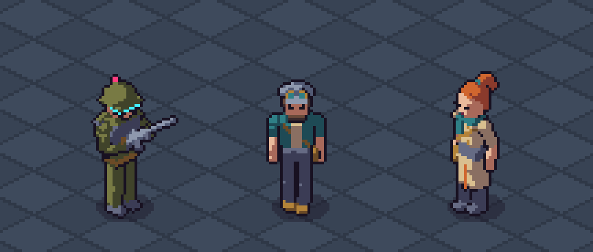 Robot Series Pack 8: Humans lineup of three animated isometric robots