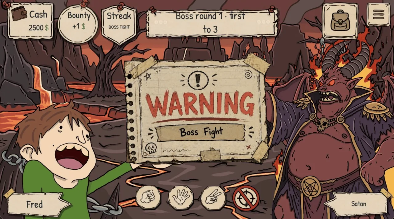A boss encounter with layered hand-drawn art and interface assets