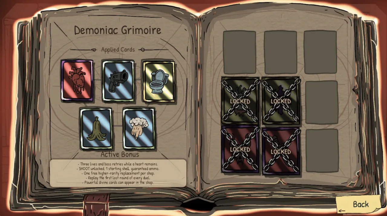 The Demoniac Grimoire presents active and locked cards during a run