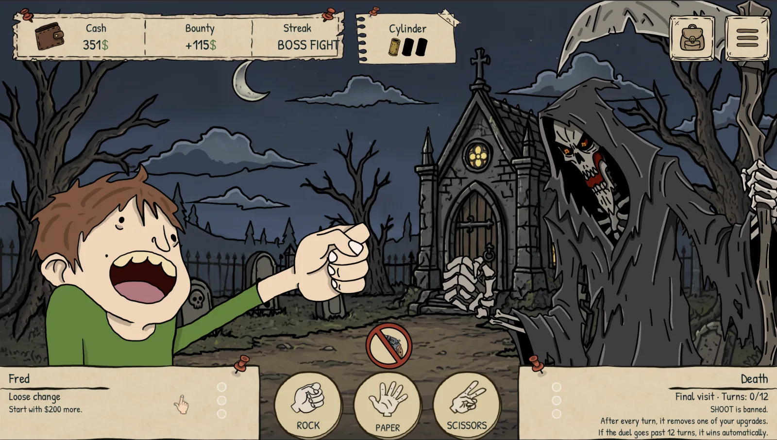 Fred fighting Death in Rock Paper Scissors Shoot